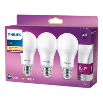 Set van 3 Philips A60 LED-lampen, E27, 13W, 230V, 2700K (warm wit)