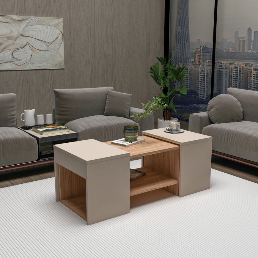 Set van 3 salontafels SOLIS 45/45/100 x 30/30/40 cm beige/sparrenhout