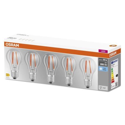 Set van 5 LED-lampen BASE CLASSIC FILAMENT A60 E27/7W/230V 4000K - Osram