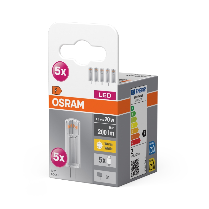 Set van 5 LED-lampen met G4-pin, 1,8 W / 12 V, 2700 K - Osram