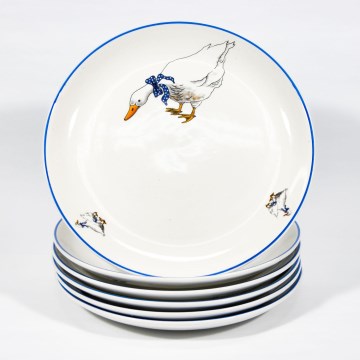 Set van 6 keramische borden 24 cm wit met een ganzenmotief