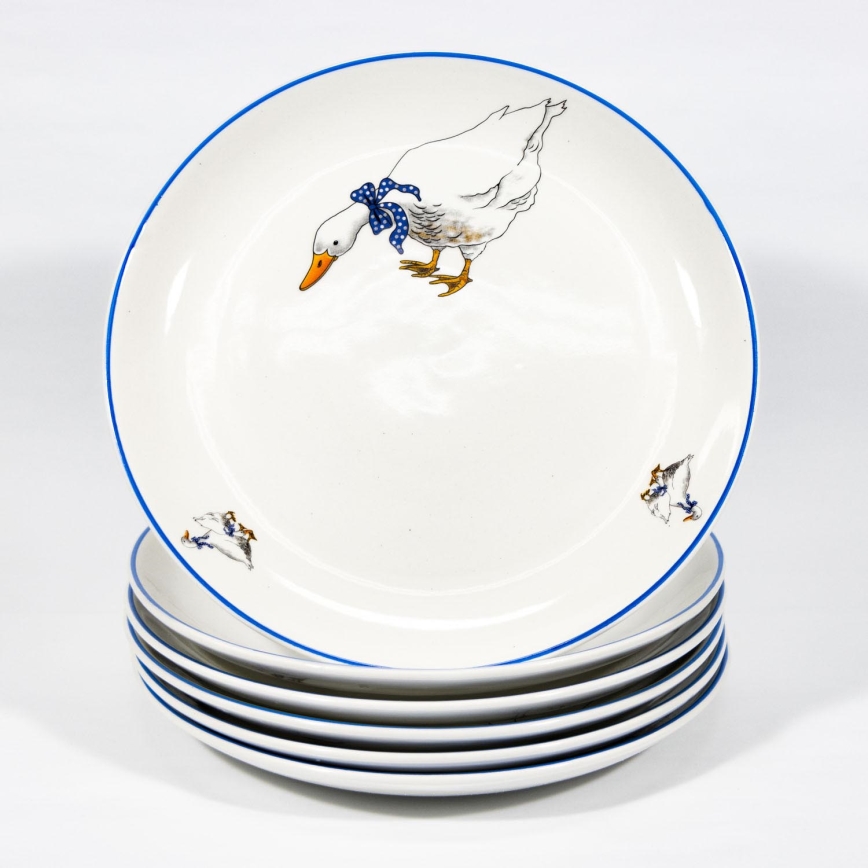 Set van 6 keramische borden 24 cm wit met een ganzenmotief