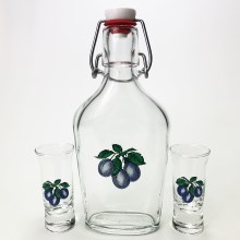 Set vector - 1x groot fles + 2x shotglas doorzichtig met een pruimenmotief
