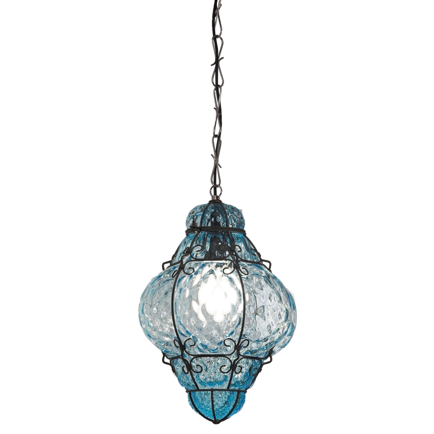 SIRU- Hanglamp aan een ketting CLASSIC 1xE27/60W/230V diameter 30 cm blauw/zwart Venetiaans glas