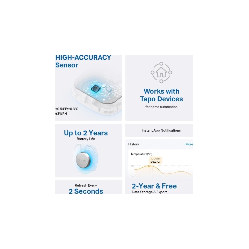 Slimme sensor voor het meten van temperatuur en luchtvochtigheid 1xCR2450