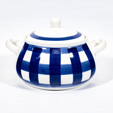 Soepkom van keramiek met deksel wit blauw