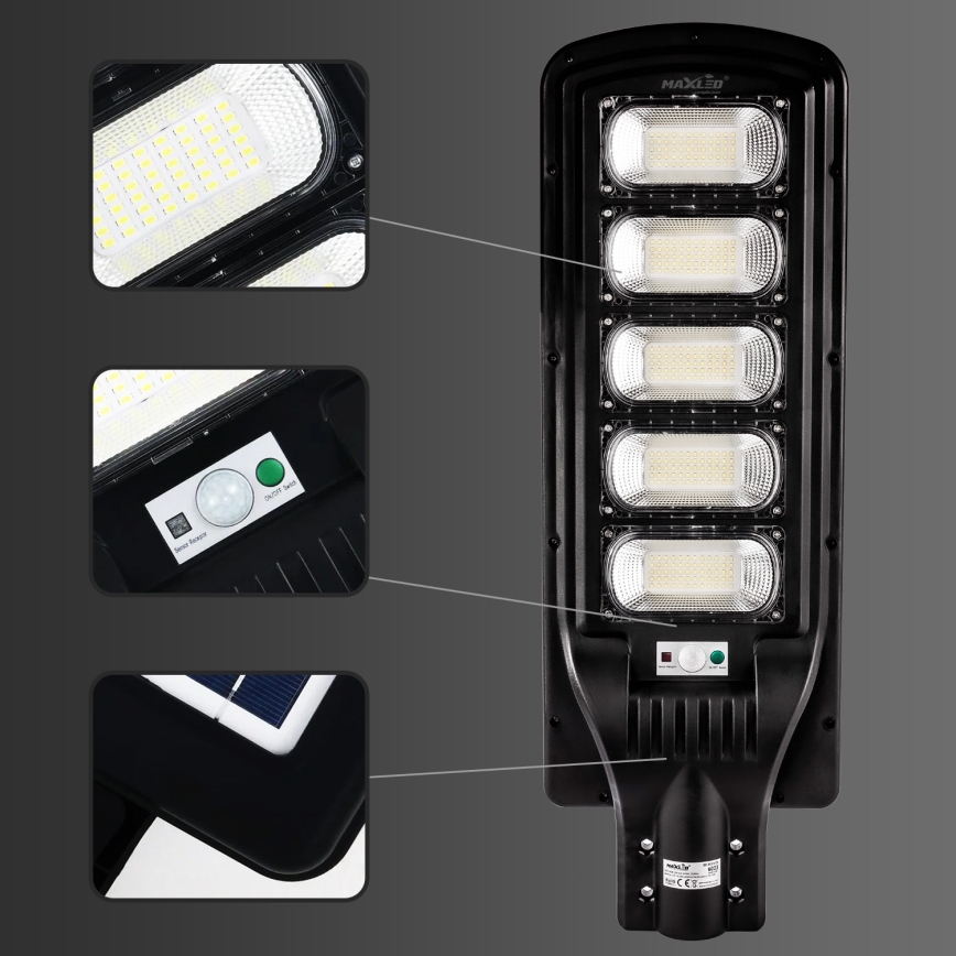 LED Dimbare zonne-straatlantaarn met sensor LED/300W/6V 6500K IP65 zwart + afstandsbediening