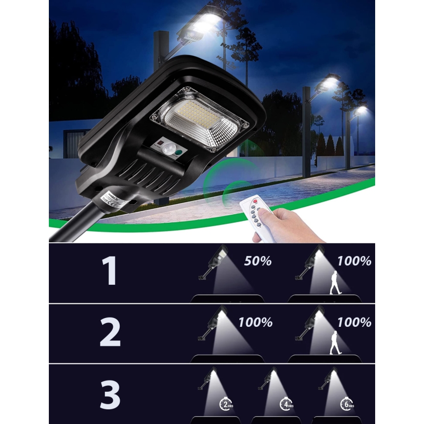LED Dimbare zonne-straatlantaarn met sensor LED/60W/6V 5500 mAh 6500K IP65 zwart + afstandsbediening