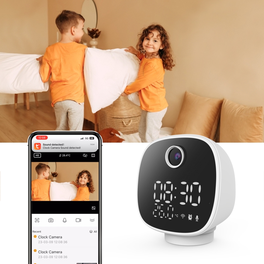 Slimme camera met wekker, thermometer en led-lampje 1296p 3Mpx 5V Wi-Fi Tuya IP65