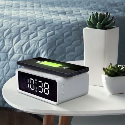 Digitale klok met Qi-draadloze oplader, 230V/CR2032, wit