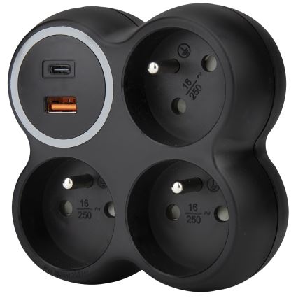 Stekkerdoos 3x 15A met USB-A en USB-C, zwart