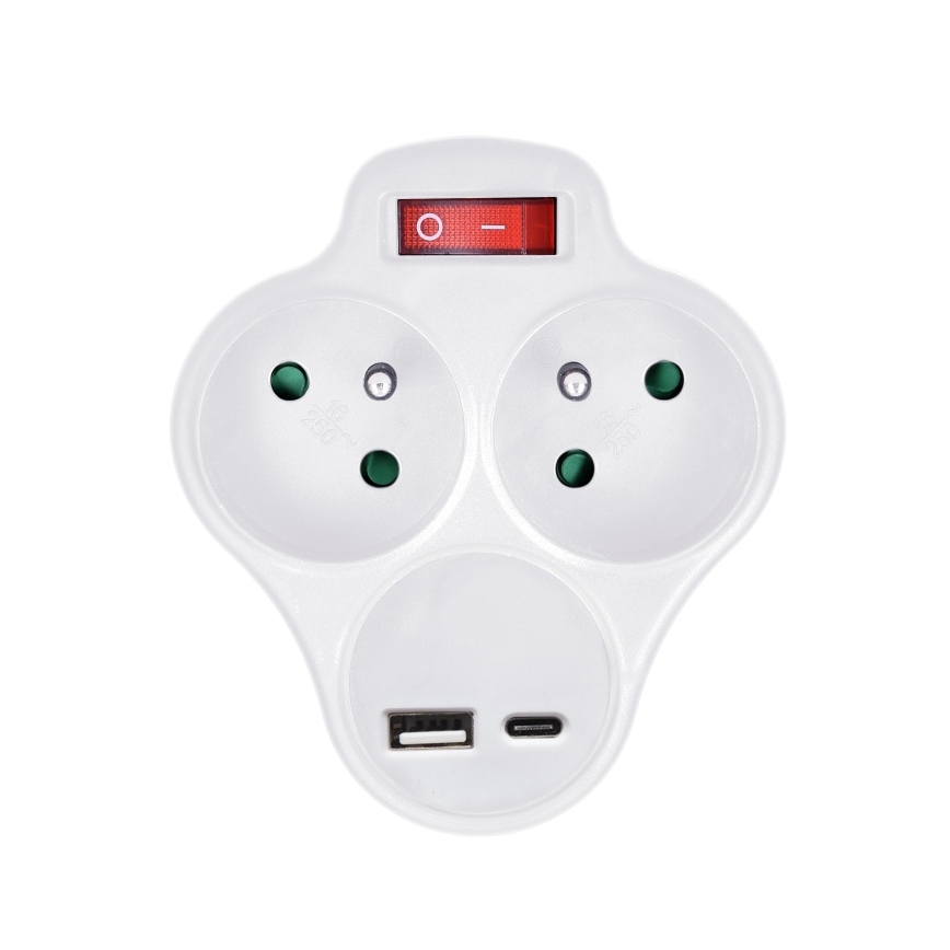 Verdeelstekker met USB A+C charger en schakelaar 2x10A wit
