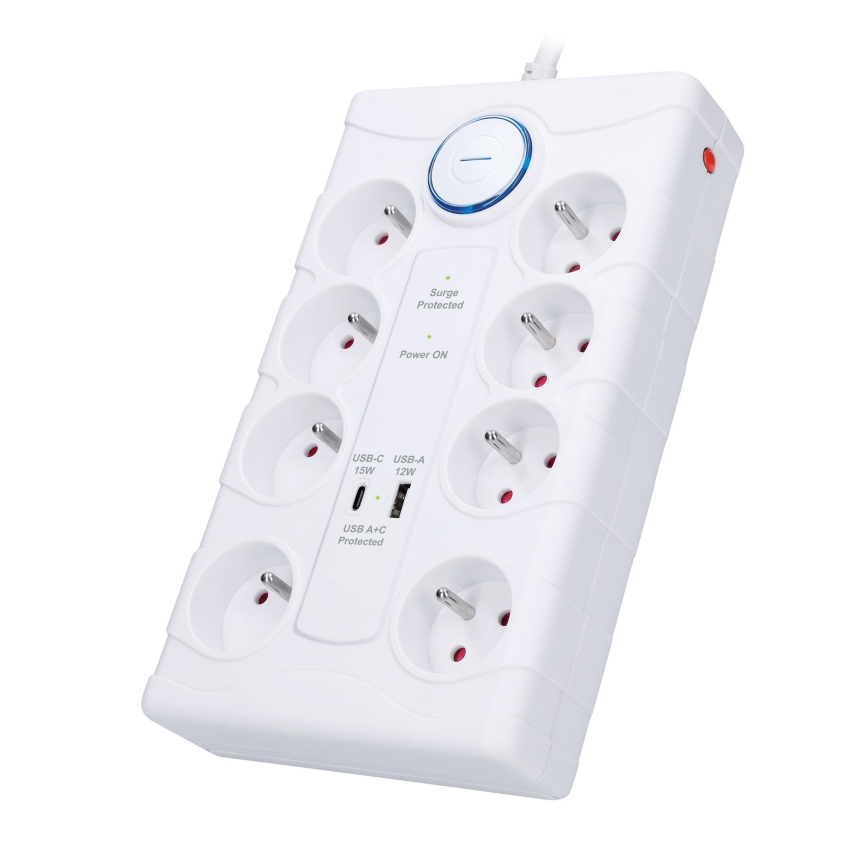 Verlengsnoer met schakelaar en overspanningsbeveiliging 8Z Type E + 1x USB-A + 1x USB-C 2 m wit