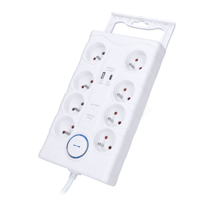 Verlengsnoer met schakelaar en overspanningsbeveiliging 8Z Type E + 1x USB-A + 1x USB-C 2 m wit