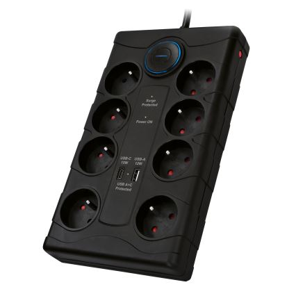 Verlengsnoer met schakelaar 8Z Type E + 1xUSB-A + 1xUSB-C 2m zwart
