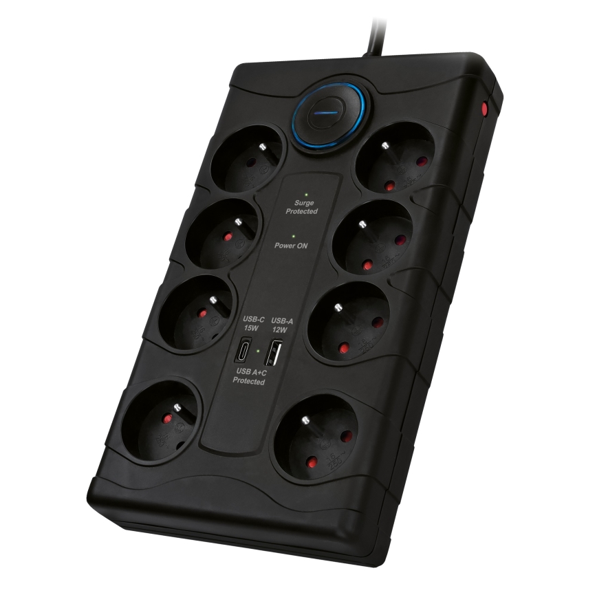 Verlengsnoer met schakelaar 8Z Type E + 1xUSB-A + 1xUSB-C 2m zwart