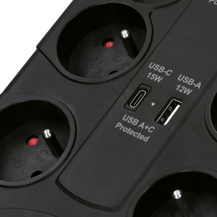 Verlengsnoer met schakelaar 8Z Type E + 1xUSB-A + 1xUSB-C 2m zwart