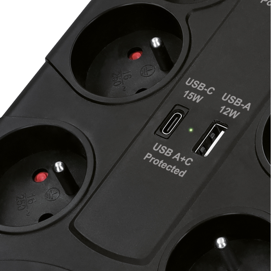 Verlengsnoer met schakelaar 8Z Type E + 1xUSB-A + 1xUSB-C 2m zwart
