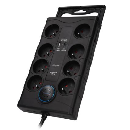 Verlengsnoer met schakelaar 8Z Type E + 1xUSB-A + 1xUSB-C 2m zwart