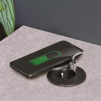 Inbouwstopcontact met 10W draadloze oplaadfunctie, 1x stopcontact + USB A+C, zwart