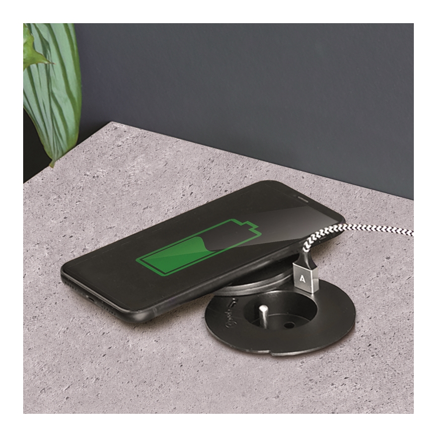 Inbouwstopcontact met 10W draadloze oplaadfunctie, 1x stopcontact + USB A+C, zwart
