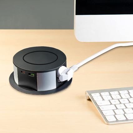 Stekkerdooszuil voor tafelblad met Qi draadloos opladen 3x230V + 1xUSB-A + 1xUSB-C zwart/zilver