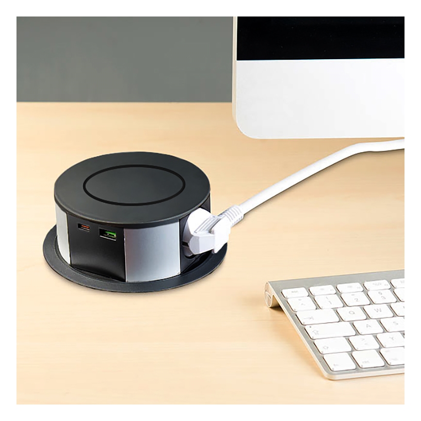 Stekkerdooszuil voor tafelblad met Qi draadloos opladen 3x230V + 1xUSB-A + 1xUSB-C zwart/zilver