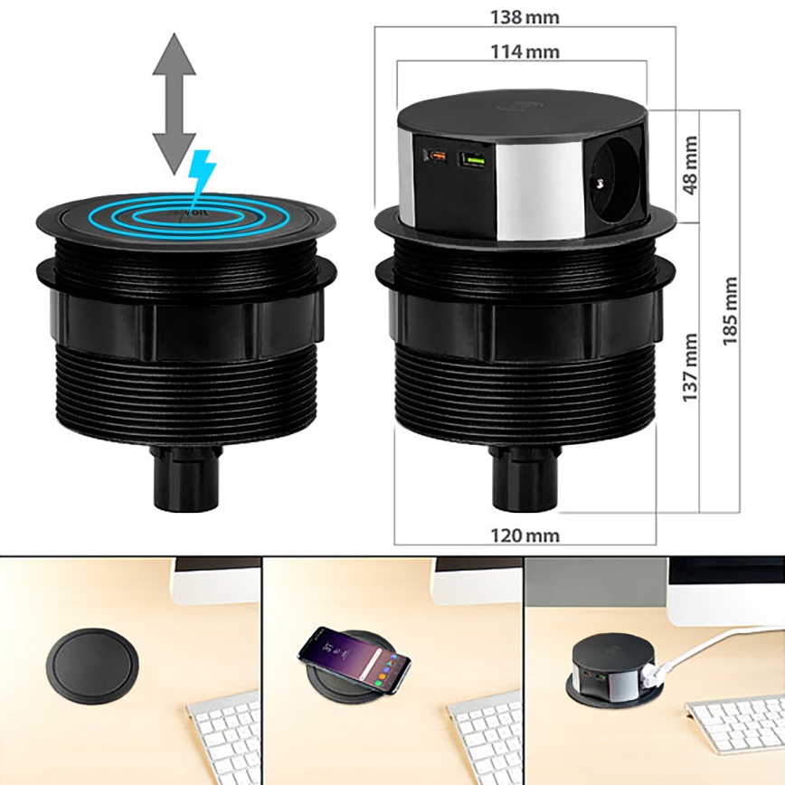 Stekkerdooszuil voor tafelblad met Qi draadloos opladen 3x230V + 1xUSB-A + 1xUSB-C zwart/zilver