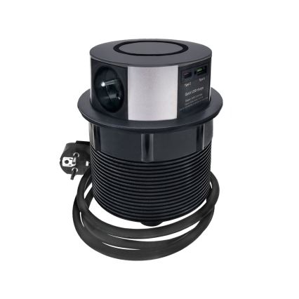 Inbouwstopcontactkolom voor tafelblad met draadloos Qi-opladen 3x230V + 1xUSB-A + 1xUSB-C zwart/zilver