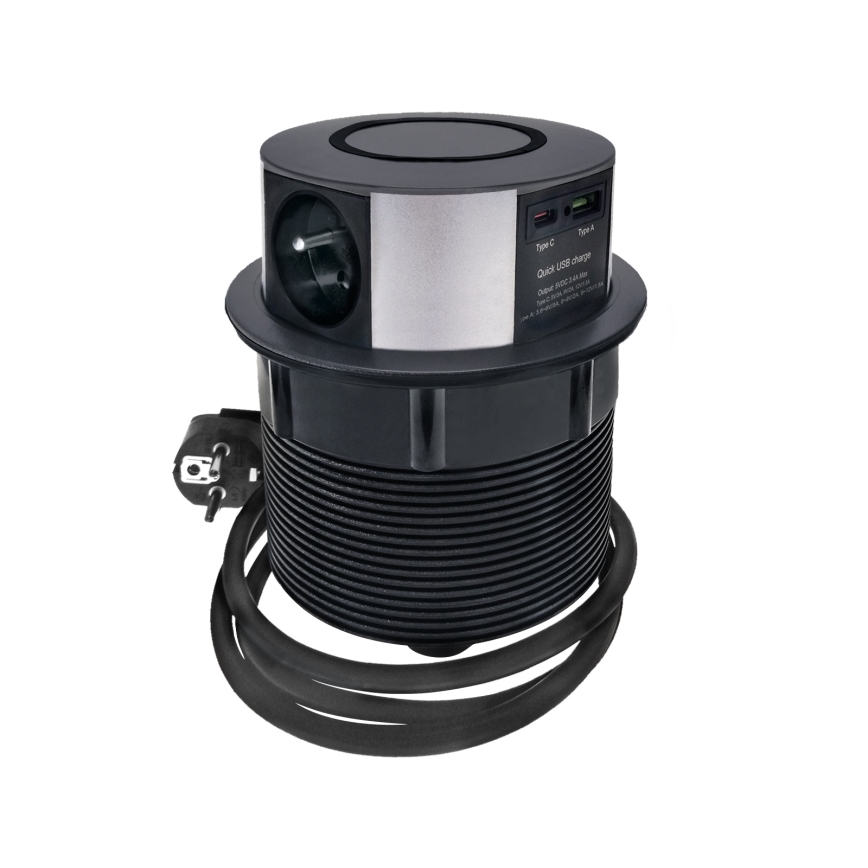 Inbouwstopcontactkolom voor tafelblad met draadloos Qi-opladen 3x230V + 1xUSB-A + 1xUSB-C zwart/zilver