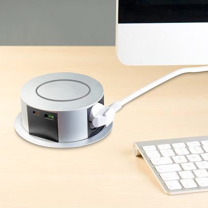 Inbouwstopcontactkolom voor tafelblad met Qi draadloos opladen 3x230V + 1xUSB-A + 1xUSB-C zilver/zwart