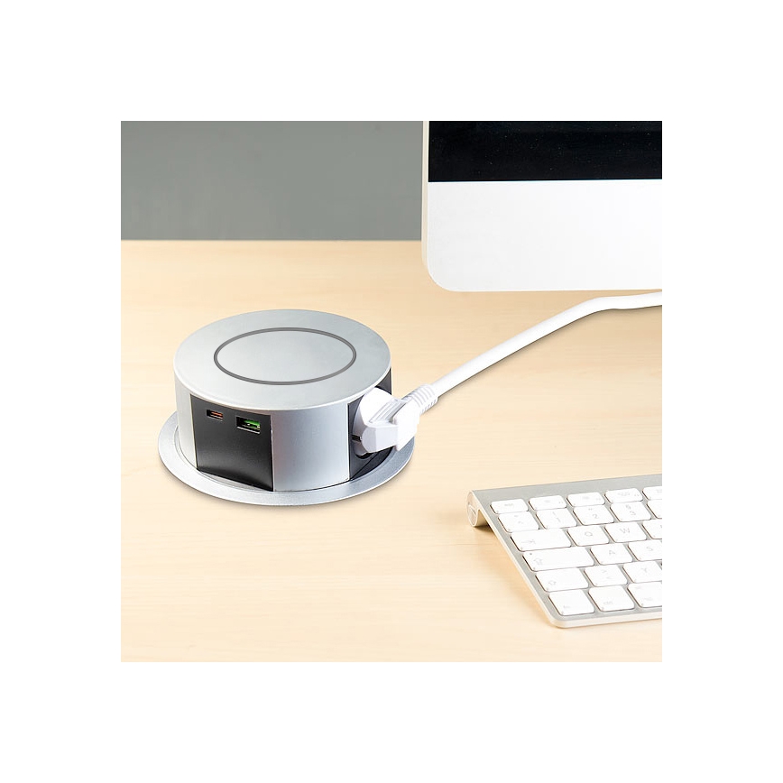 Inbouwstopcontactkolom voor tafelblad met Qi draadloos opladen 3x230V + 1xUSB-A + 1xUSB-C zilver/zwart