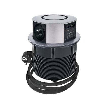 Inbouwstopcontactkolom voor tafelblad met Qi draadloos opladen 3x230V + 1xUSB-A + 1xUSB-C zilver/zwart