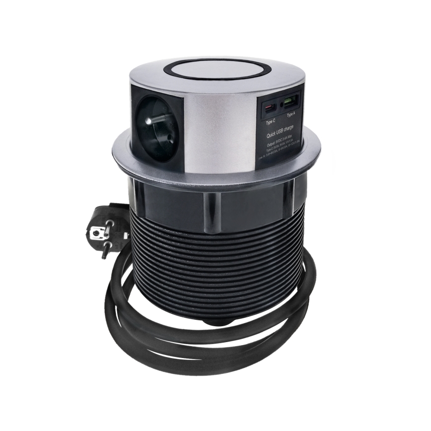 Inbouwstopcontactkolom voor tafelblad met Qi draadloos opladen 3x230V + 1xUSB-A + 1xUSB-C zilver/zwart