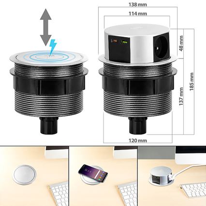 Inbouwstopcontactkolom voor tafelblad met Qi draadloos opladen 3x230V + 1xUSB-A + 1xUSB-C zilver/zwart