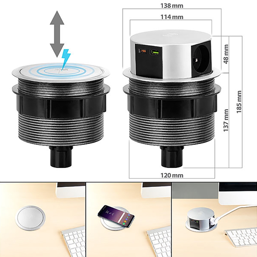 Inbouwstopcontactkolom voor tafelblad met Qi draadloos opladen 3x230V + 1xUSB-A + 1xUSB-C zilver/zwart
