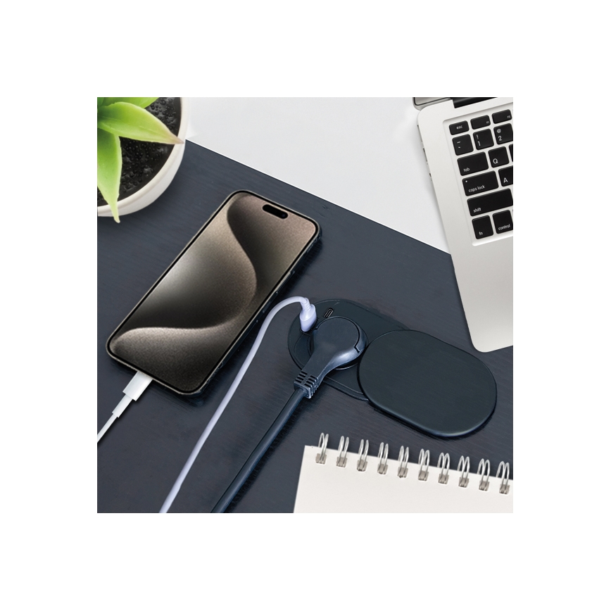 Inbouwstopcontact met schuifdeksel 20W, 1 stopcontact + USB A+C, zwart