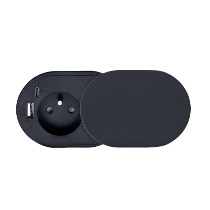Inbouwstopcontact met schuifdeksel 20W, 1 stopcontact + USB A+C, zwart