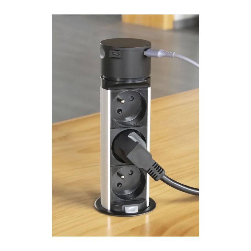 Stopcontactzuil voor tafelblad 3x230V + 2xUSB zwart
