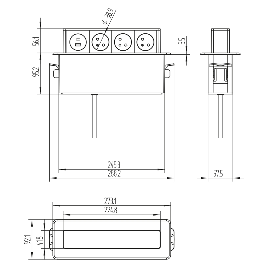 Stopcontactzuil voor tafelblad 3x230V + USB-A + USB-C