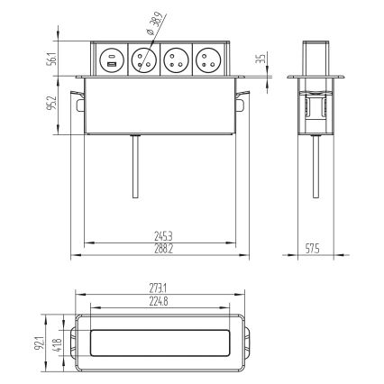 Stekkerdoos voor tafelblad 3x230V + USB-A + USB-C