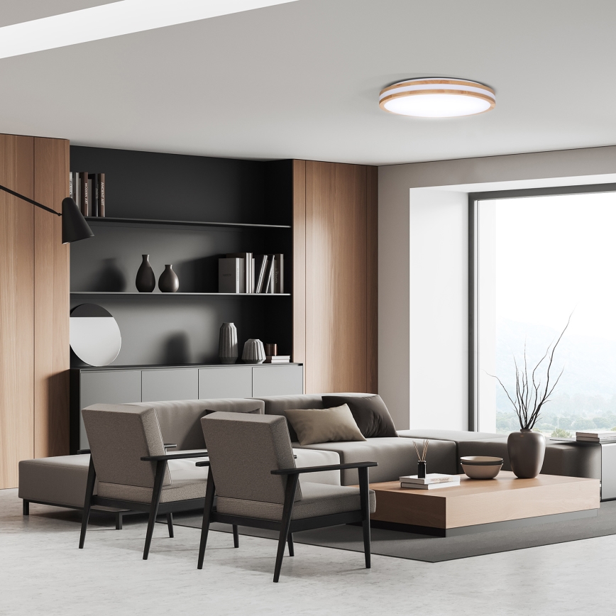 Dimbare LED plafondlamp WOODY LED/48W/230V 3000-6500K eiken diameter 38 cm + afstandsbediening