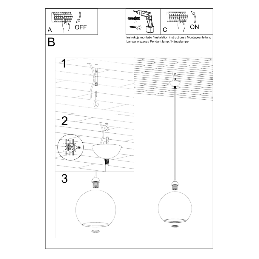 Hanglamp met kabel BALL 1xE27/15W/230V Ø 30 cm helder glas