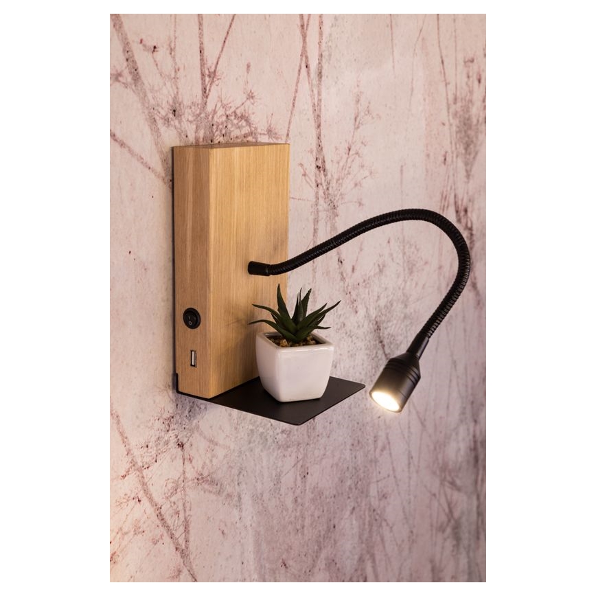 LED wand verlichting LECTOR LED/2,5W/230V USB eiken