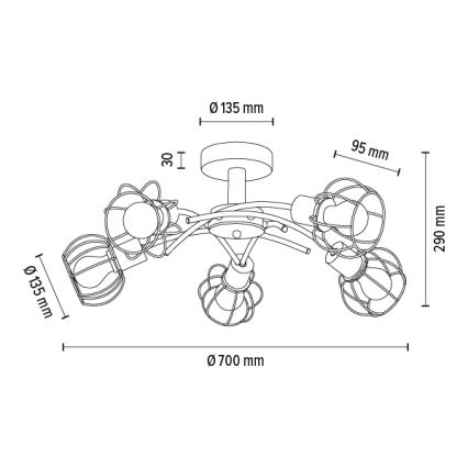 Hanglamp voor Oppervlak Montage VIVIANE 5xE27/60W/230V eiken - FSC-gecertificeerd