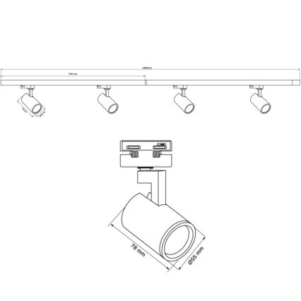 Spot voor een rail Systeem LYNX 4xGU10/10W/230V + 2 x 75 cm railsysteem wit