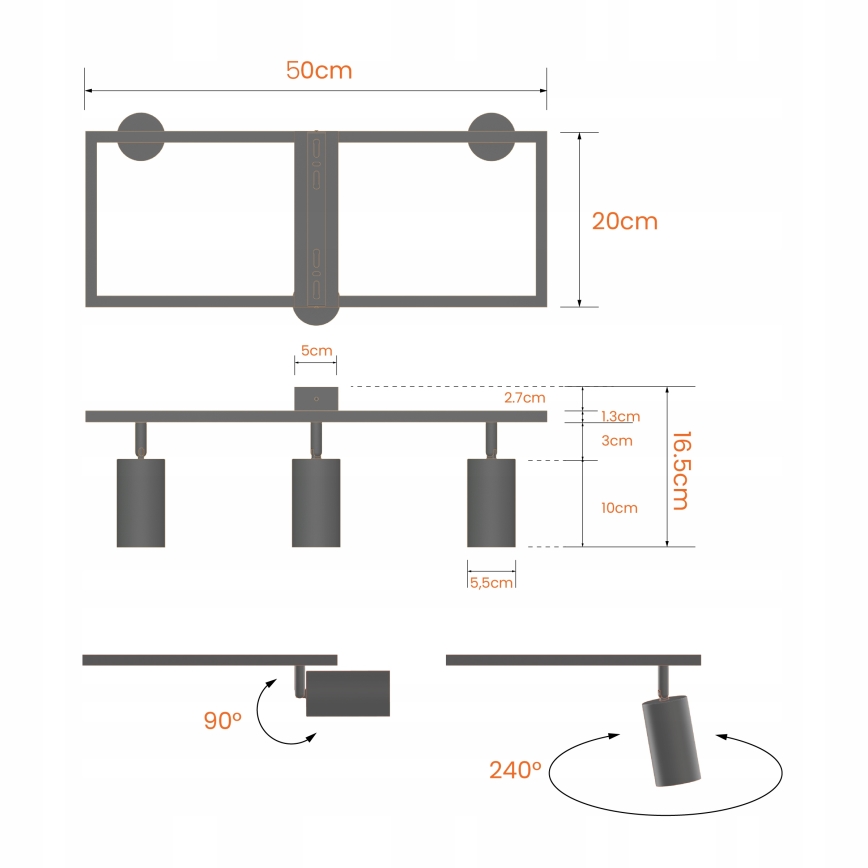 Spotlamp 3x GU10/30W/230V zwart
