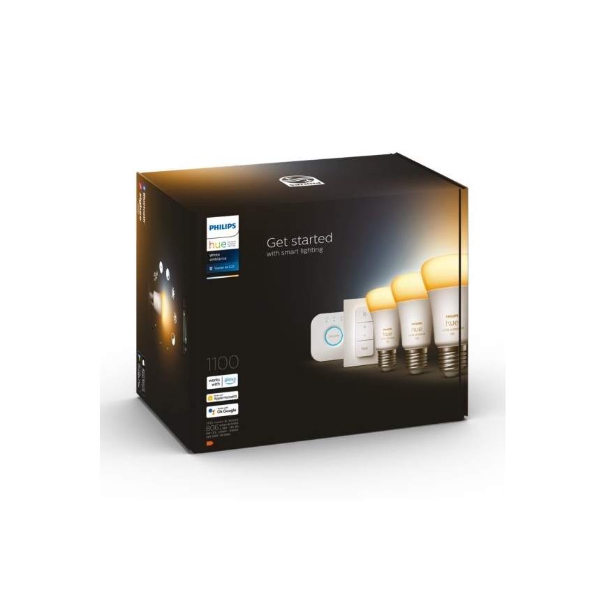 Philips Hue White Ambiance startset 3xE27/11W 2200-6500K + Hue Bridge en dimmerschakelaar