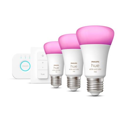 Basisset Philips Hue WHITE AND COLOR AMBIANCE 3xE27/9W 2000-6500K + Hue Bridge en dimmerschakelaar