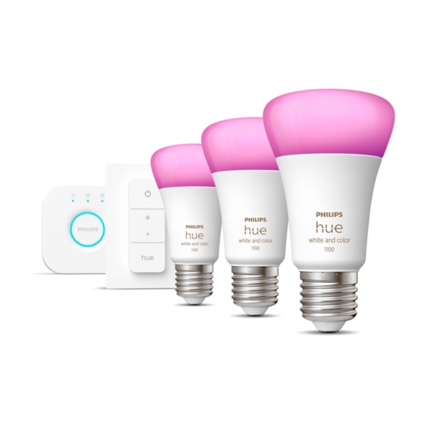Basisset Philips Hue WHITE AND COLOR AMBIANCE 3xE27/9W 2000-6500K + Hue Bridge en dimmerschakelaar
